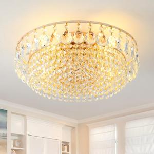 Crystal Flush Mount Ceiling Light for Bedroom, Gold Hallway Light Fixtures, 4-Light Modern Drum Chandelier for Entryway Living Room Kitchen