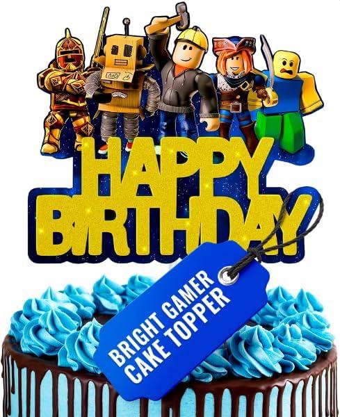 Video Game Cake Topper Decorations - Vibrant Glitter Cardboard Gamer Cake Topper, Eye-Catching Design, Firm Installation & Easy Adjusting, Sturdy Plastic Stick - Birthday Decorations for Boys & Girls