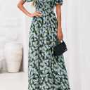 BTFBM Summer Maxi Dresses for Women Wedding Guest Spring Floral Boho Short Sleeve Smocked Beach Graduation Dress 2026 (Blue, M)