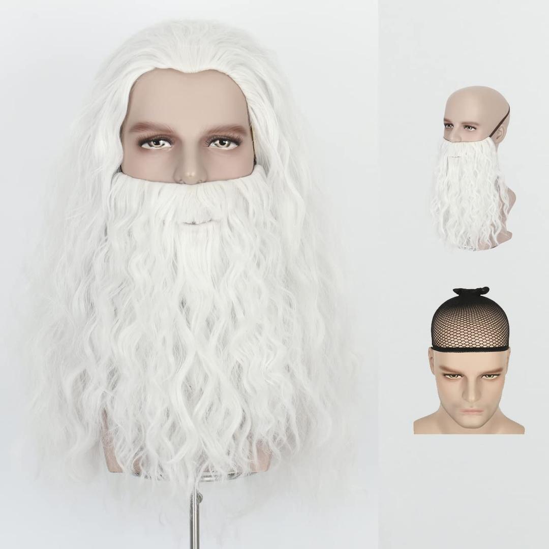MISS U HAIR Long Curly White Beard and Wig Set Christmas Costume Hallween Wigs For Men Women