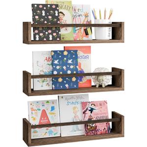 Fixwal Nursery Book Shelves, 16.5 Inch Floating Bookshelves for Wall Set of 3, Baby Nursery Decor, Solid Wood Wall Mounted Shelves for Books, Toys and Decor Storage (Brown)