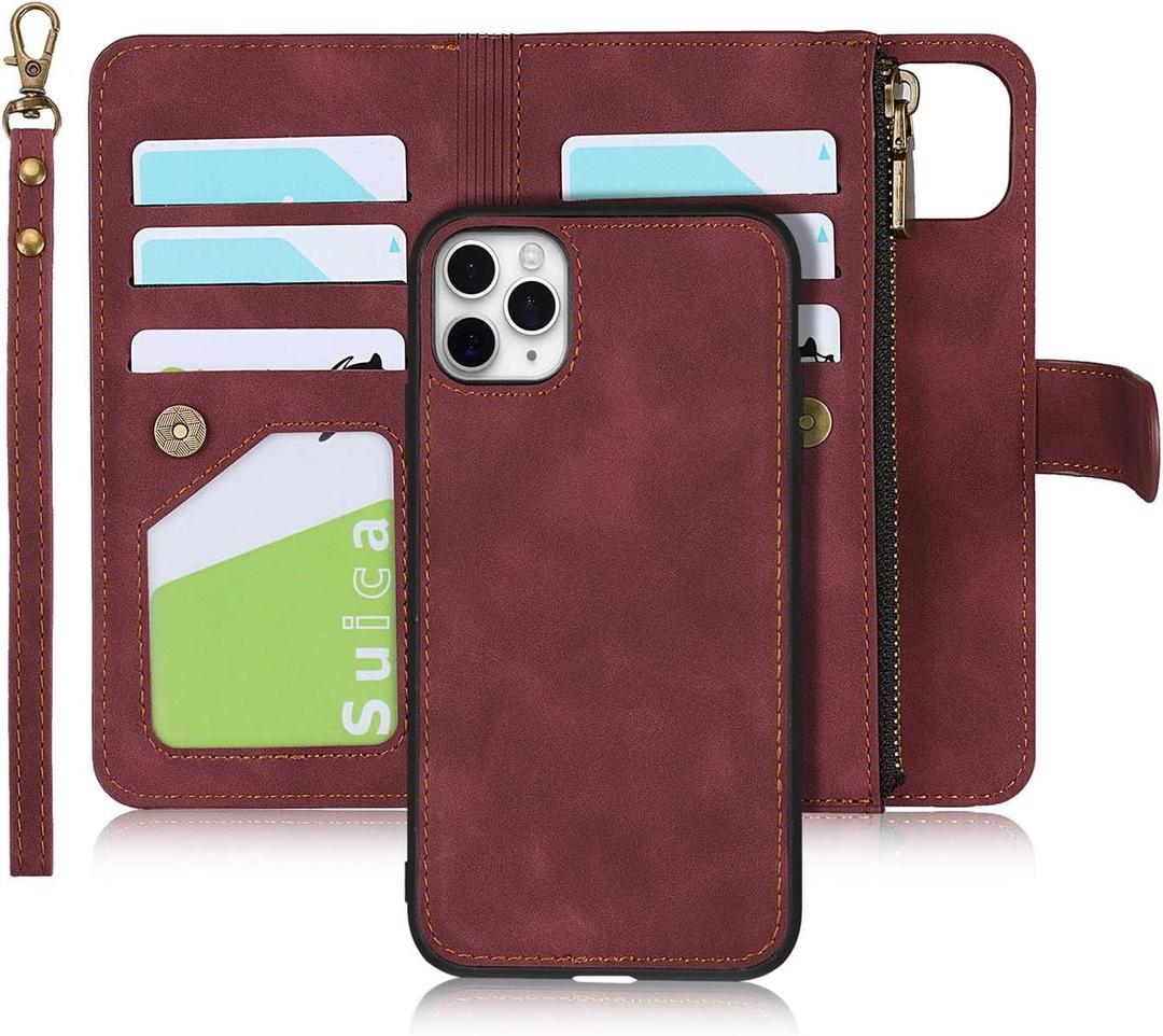 iCoverCase for iPhone 11 Pro Max Wallet Case with Card Holder and Wrist Strap, PU Leather Kickstand Card Slots Zipper Pocket Magnetic [Detachable] Flip Cover Case 6.5 Inch (Claret)