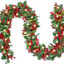 Red Berry Christmas Garland with Lights, 5.9FT Artificial Garland Christmas Decorations Battery Operated Christmas Garland for Mantle Winter Holiday Garland New Year Fireplace Stairs Home Table Decor