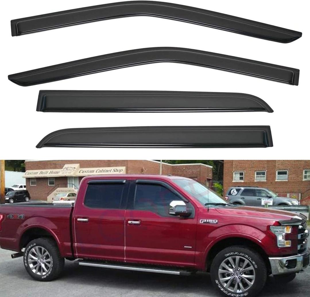 4pcs Front+Rear Smoke Tint Sun/Rain Guard Outside Mount Tape-On Vent Window Visors Compatible with 15-24 F150 17-24 F250/F350/F450/F550 Super Duty Crew (Supercrew) Cab with 4 Full Size Doors