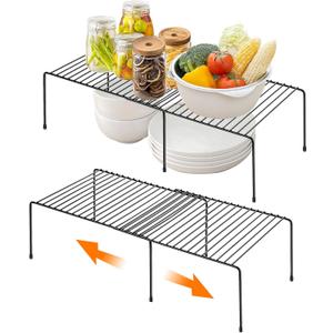 Ravinte 2 Pack Freezer Shelf Organizer, Expandable Cabinet Storage Shelf with Rustproof Metal Wire, Adjustable Kitchen Cabinet Organizer Spice Rack for Frige, Pantry, Cupboard, Countertop - Black