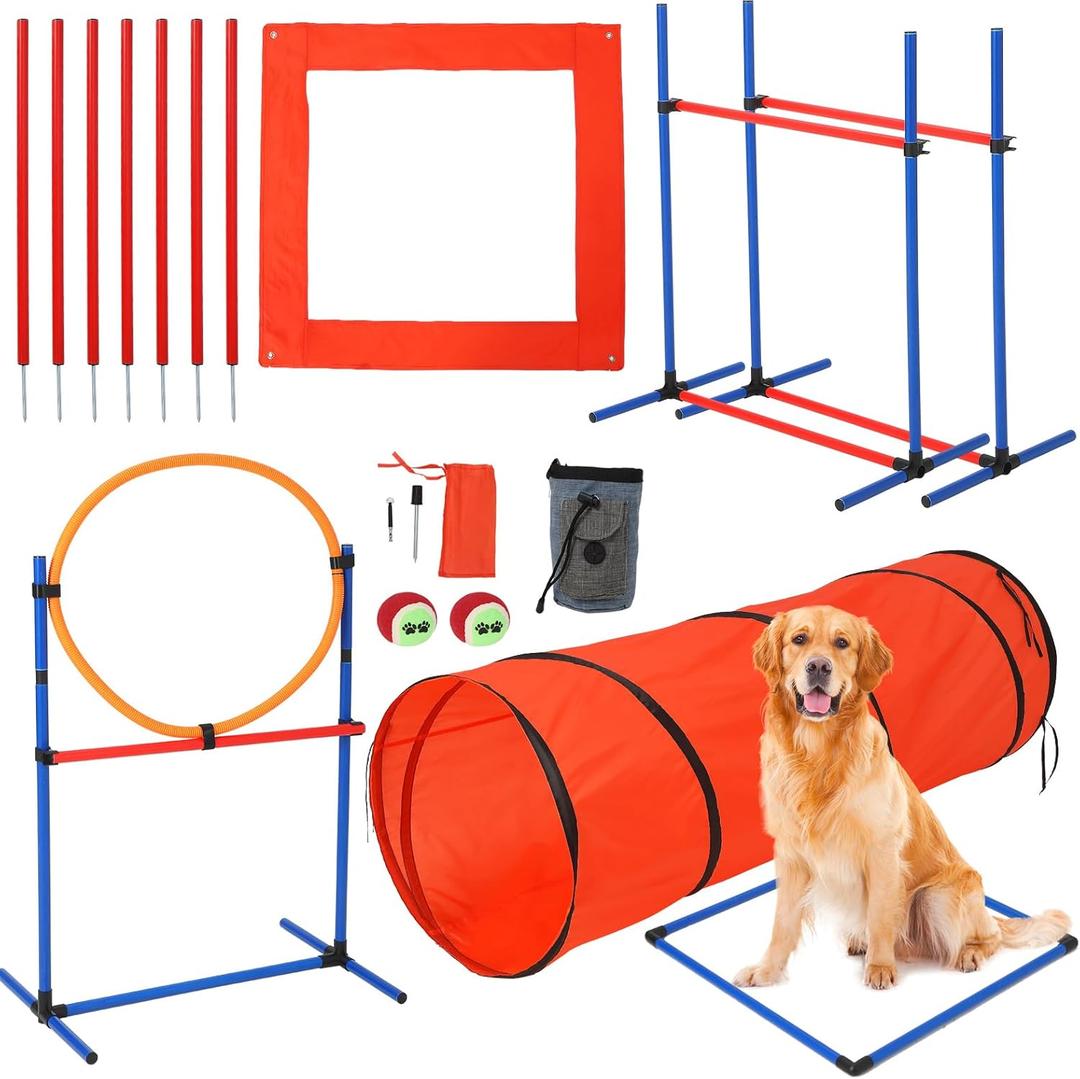 Dog Agile Training Equipment Set Outdoor Indoor,70" Tunnel + Tire Jump + Hurdle Jump, Weave Poles, Pause Box, 2 Toy Balls, 1 Whistle, Carry Bag, Premium Dog Obstacle Course Kit (87-Piece)
