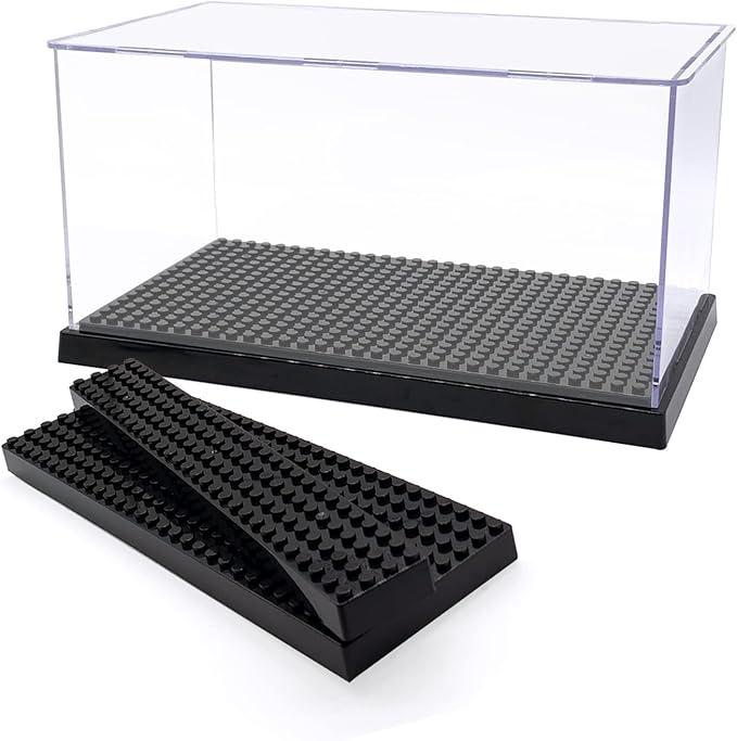 Acrylic Display Case for Figures Dustproof, Clear Display Box with Building Base, Collection Bricks Storage Blocks Aciton Figure Showcase(Black)