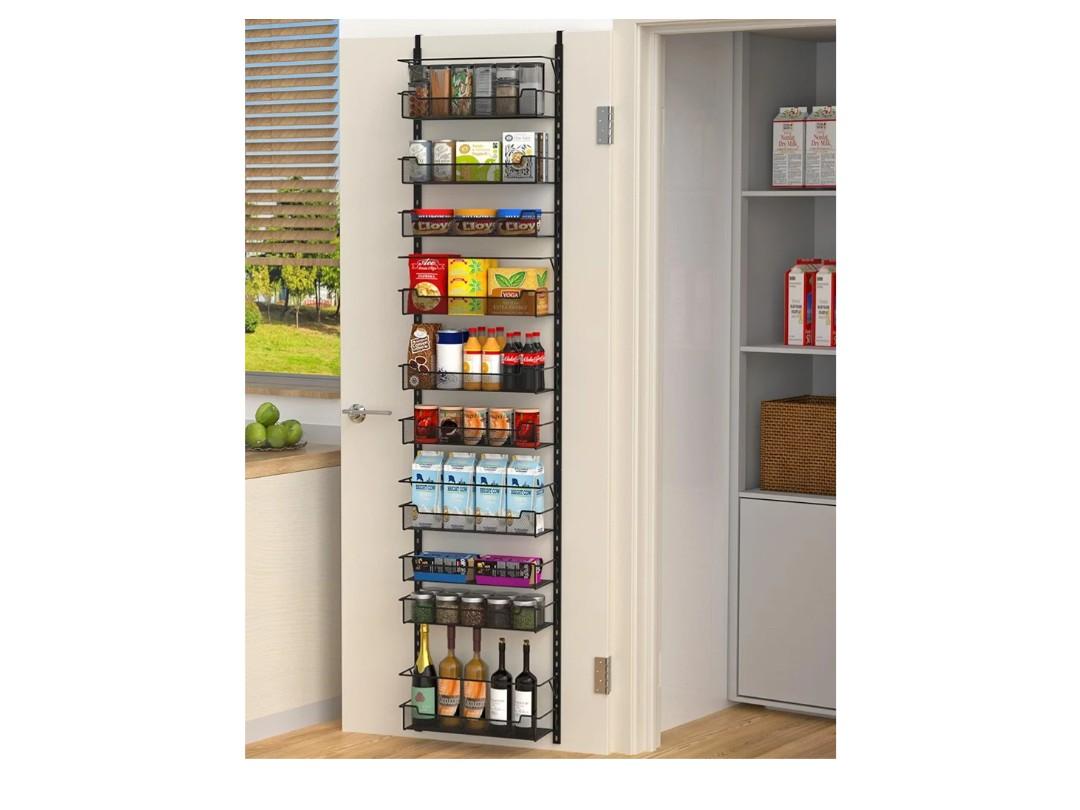 Over the Door Pantry Organizer, 10-Tier Over the Door Organizer with Adjustable Basket, Door Organization for Pantry Kitchen Storage Room Spice Rack, Black