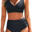 Yonique Women's Two Piece High Waisted Bikini Set Tummy Control Swimsuit Full Coverage Bathing Suit (X-Large, Black)