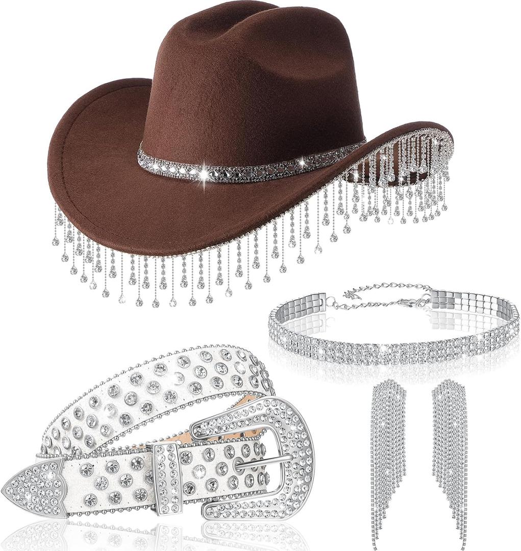 Hercicy 5 Pcs Western Glitter Cowgirl Hat Rhinestone Women Cowboy Hat Sparkly Jewelry Costumes for Disco Bride Party (Brown)