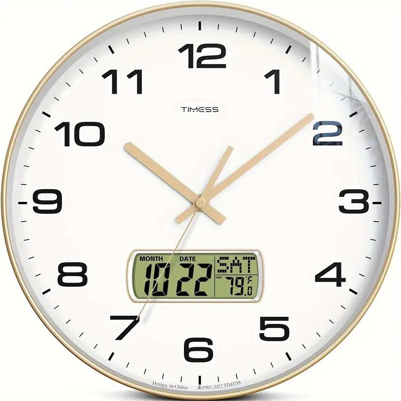 Wall Clock, 14" Large Dial Non-Ticking Silent Battery Operated Analog with LCD Display for Perpetual Calendar and F° Temperature, Ideal Modern Home, Bedroom, Office Decor (Gold)