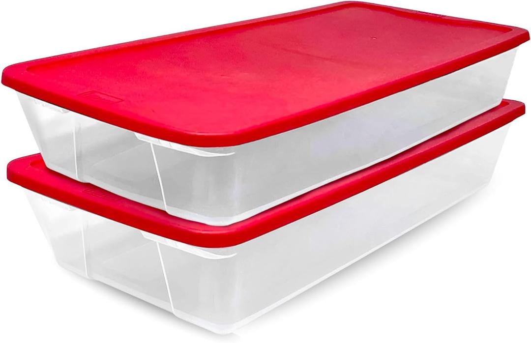 HOMZ 2-pack Holiday Tote, Clear Plastic Storage Organizer Bins with Lids, 41 Quart, Red-Stackable Organizing Containers for Christmas Ornament Decoration, Gift Wraps, and Crafts