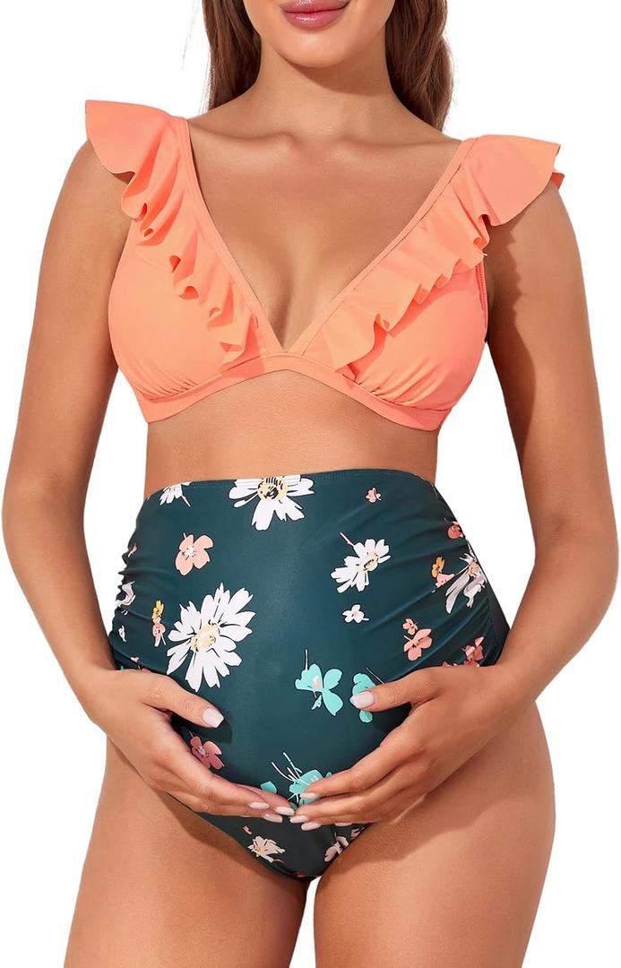 Summer Mae Maternity High Waist Swimsuit Two Piece Ruffle Bikini Bathing Suit Floral V-Neck Pregnancy Swimwear, Small