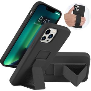 LAUDTEC Silicone Kickstand Case Compatible with iPhone 13 Pro, Vertical and Horizontal Stand Hand Strap Metal Kickstand Cover, Flexible Soft Liquid Silicone Stand Case for iPhone 13 Pro (Black)