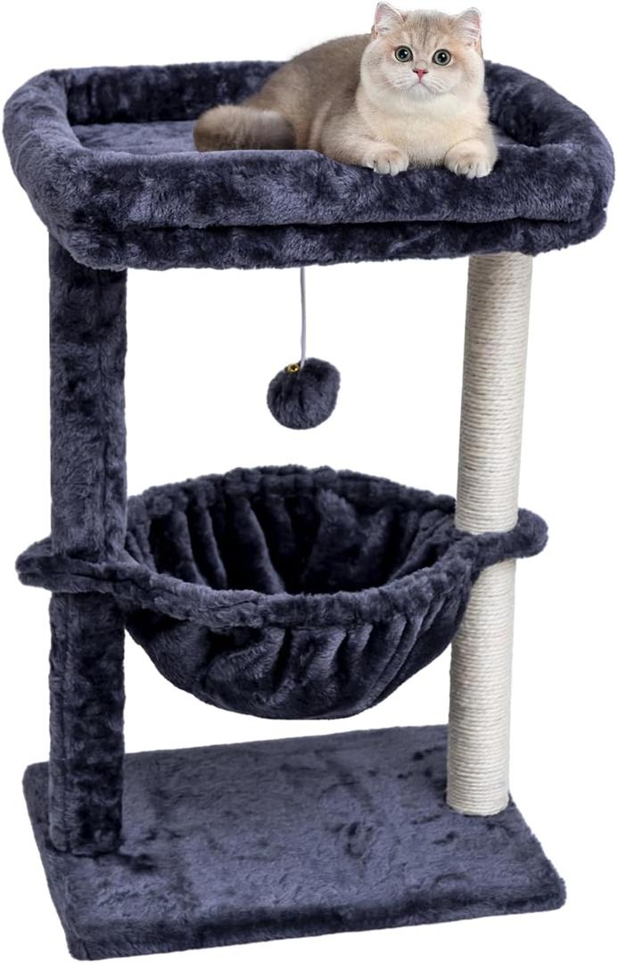 SYANDLVY Small Cat Tree for Indoor Cats, Activity Cat Tower with Scratching Post for Kittens, Cat Condo & Furniture with Basket & Hanging Ball for Play Rest (Smoky)