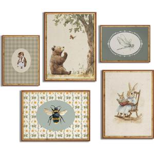 5Pcs Retro Vintage Animal Canvas Wall Art Nursery Decor Kids Painting Picture Wall Decor Farmhouse Animal Poster Print Artwork for Children's Bedroom Dining Room Home Decoration (12x16in)