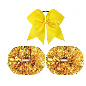 Oaoleer 3pcs Cheerleading Pom Poms with Baton Handle Cheer Bows for Team Spirit Sports Dance Cheering Kids Adults (Gold)