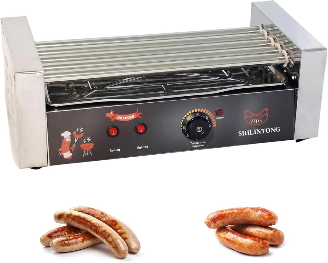 5-Roller Electric Hot Dog Machine - 16 Hot Dog Capacity, Commercial & Household Stainless Steel Grill, 750W, Removable Drip Tray, Sausage Maker Roller (Silver)