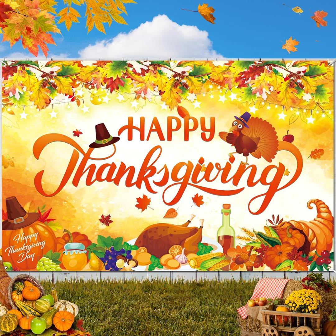 Premium Thanksgiving Backdrop Banner, Large 72x44in, Ideal Thanksgiving Decorations, Classic Design, HQ Fabric, HD Printing, Perfect for Friendsgiving Party Decorations