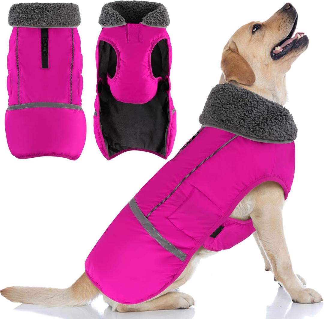 Doglay Dog Coat, Waterproof Dog Jacket Pet Winter Coat for Cold Weather with Thicken Furry Collar, Reflective Puppy Winter Jacket Warm Fleece Lining for Small Medium Large Pets (M(Chest : 15.75-23.6" , Back : 13.38"), Pink)