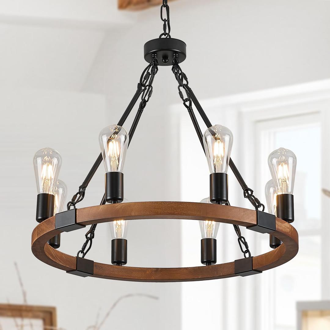 Farmhouse Wooden Wagon Wheel Chandelier 8 Lights 23.6'' Rustic Black Metal Light Fixtures Vintage Wood Round Chandelier for Living Dining Room Kitchen Entryway Foyer