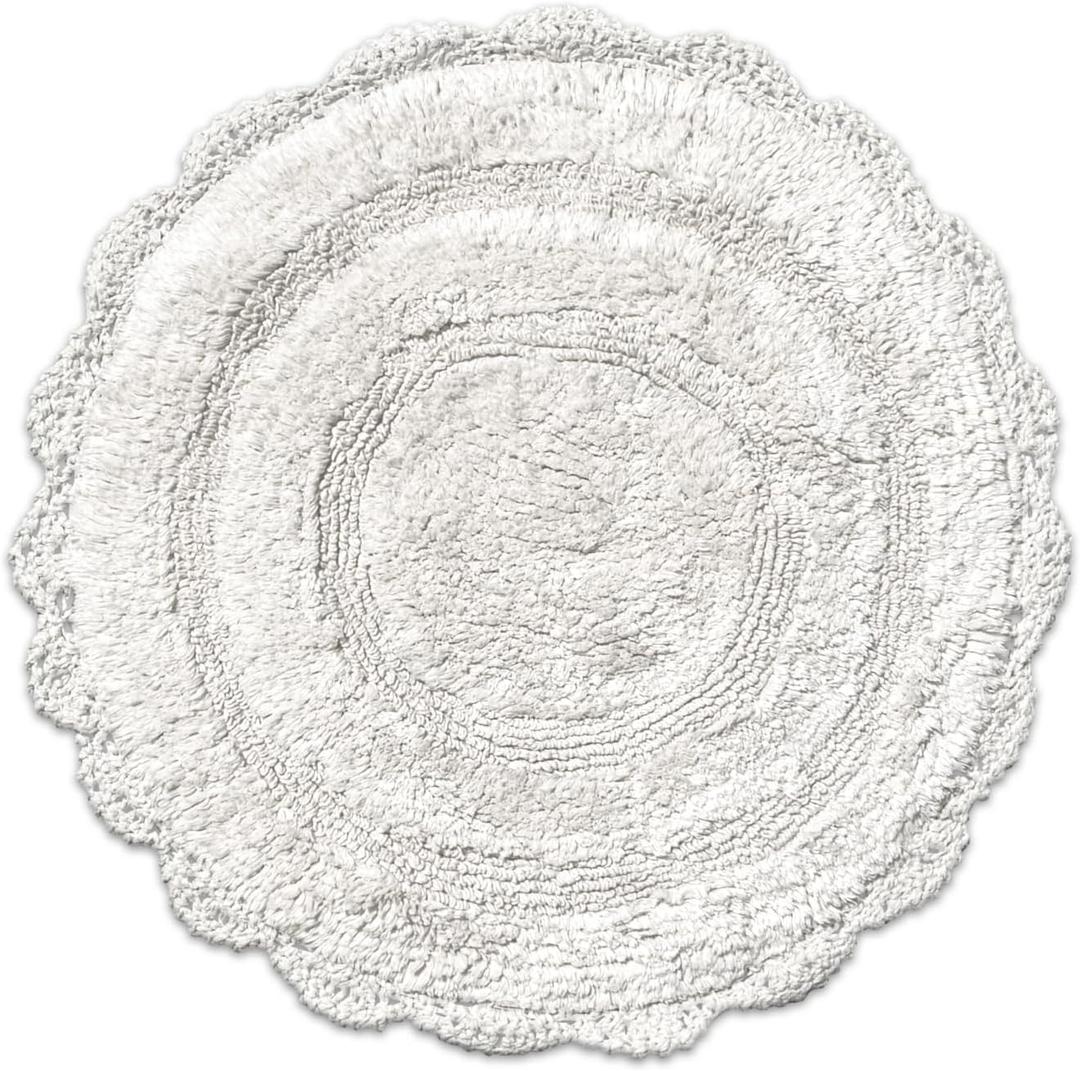 Chardin home White Crochet Bathrug,100% Cotton Round bathmat with artisanally Handcrafted Crochet Border, 24 Inch Diameter, Perfect for Half Baths, Powder Rooms, bathrooms