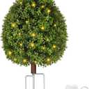 Artificial Boxwood Topiary Trees for Outdoors, Faux Topiary Ball Tree UV Resistant Fake Shrubs Evergreen Bush Plants for Front Porch Garden Yard Balcony Wedding Decor, Led String Light (1 Pack)