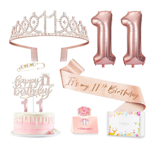 11th Birthday Decorations for Girls, 11th Birthday Sash and Crown, Cake Topper, Number Candles and Balloons, 11 Year Old Gifts for Girls
