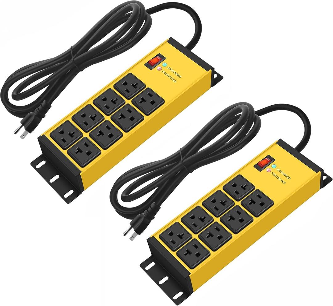 CCCEI 2PCS Heavy Duty Power Strip Surge Protector 20 AMP, 8 Outlets 12 Gauge Shop Garage Metal Multiple Outlets, 15 FT Extension Cord 5-15P Adapter High Amp 6-20R T-Slot 20a for Appliance Yellow.