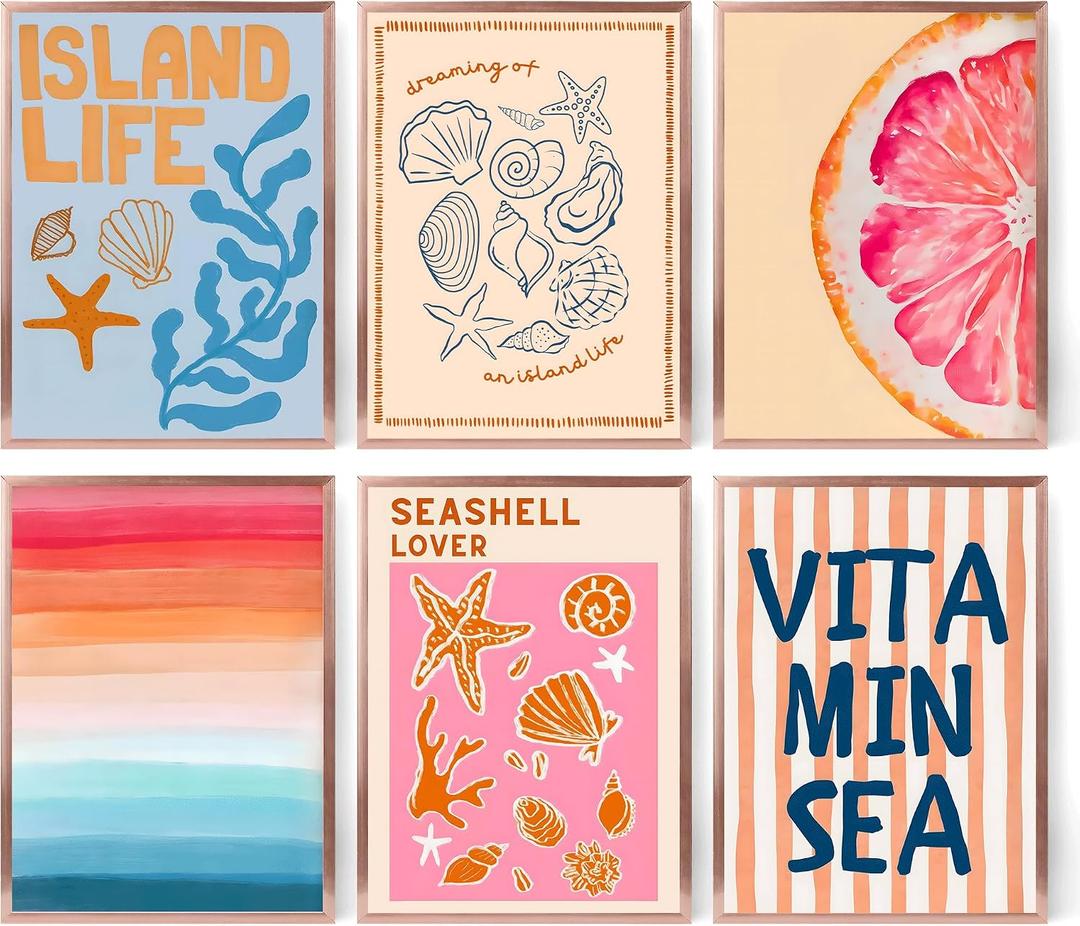 6Pcs Coastal Canvas Wall Art Island Life Beach Seashell Ocean Posters Prints Tropical Pictures Wall Decor for Living Room Bedroom Bathroom Home Decoration 8''x10'' Unframed