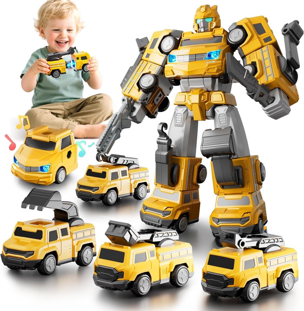 5 in 1 Magnetic Transform Cars Robot Toys Gift for Boy Ages 4-6, Easy DIY Assembly, STEM Magnetic Transform Engineering Trucks Toy, Birthday for Kids 3 4 5 6 7 Year Old(Yellow)