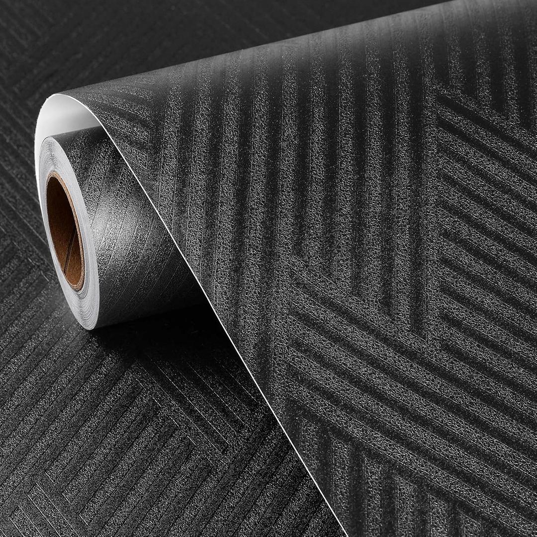 FunStick 24"x394" Black Geometric Peel and Stick Wallpaper for Bathroom Waterproof Textured Black Kitchen Cabinet Contact Paper Peel and Stick Matte Wallpaper for Office Wall Covering Desk Vinyl Wrap