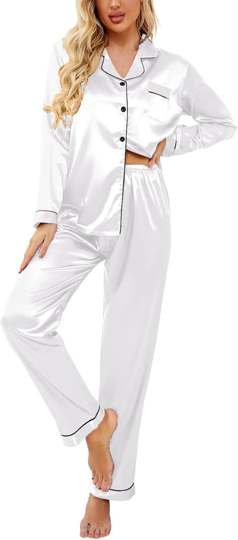 Ekouaer Women's Classic Button Down Long Satin Silk Pajama Set (Medium, White)