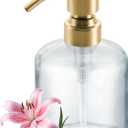 Qeemee Clear Glass Soap Dispenser, 11 Oz Boston Round Bottle Dispenser with Stainless Steel Pump, Refillable Kitchen & Bathroom Countertop Dish Soap Dispenser, Brushed Gold