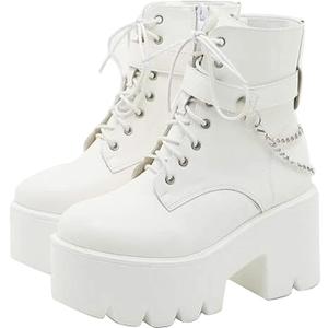 CYNLLIO Fashion Block Heel Platform Combat Ankle Booties Women's Lace up Studded Motorcycle Boots Mid Calf Boots Size 9.5