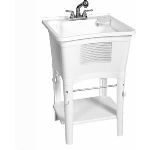 Zenna Home Utility Sink Laundry Tub with Pull-Out Faucet, All-in-One Freestanding Utility Tub for Laundry Room, Basement, Garage, Outdoor Kitchen, 24" L x 24" W x 36.75" H, White