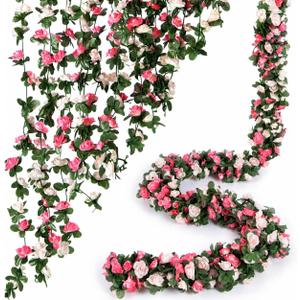 PONKING Flower Garland 8 Pcs x 8.2 ft Artificial Rose Vine Flowers with Green Leaves Hanging Fake Roses Vine for Room Party Home Wedding Birthday Christmas Wall Arch Decor, Spring Pink Flower