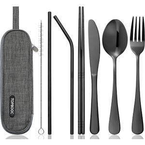 Travel Utensils Set with Case  8-Piece Reusable Stainless Steel Camping Cutlery Set for Lunchbox, Office, School  Portable Fork Spoon Knife Chopsticks  Dishwasher Safe  Black