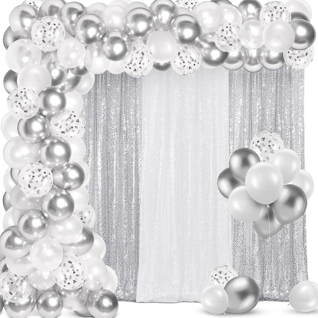 SmoothNovelty 137 Pcs White Silver Party Backdrop Kits - 4 Sequin Backdrop Curtain 133 Balloon Garland Kit Photo Prop Background for Graduation Wedding Anniversary Wonderland Birthday Baby Shower