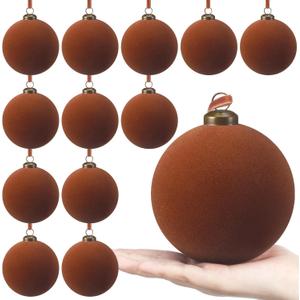 12 Pcs Velvet Christmas Ball Ornaments - 4 Inch Brown Flocked Christmas Tree Balls Decorative Hanging Ornaments for Xmas Tree, Wreath, Garland or Wedding Holiday Party Decoration