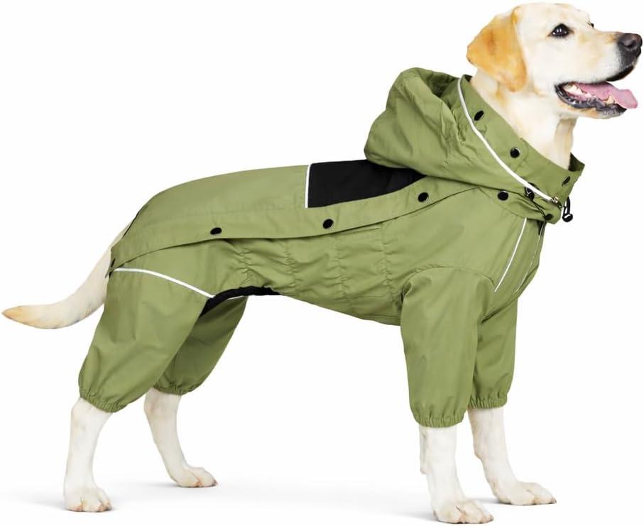 LOVELONGLONG Fleece-Lined Dog Raincoat with Removable Hood  Waterproof Winter Full Body Dog Jacket  Windproof Snowproof Cold-Weather Suit  Green-F XL (XL (Back 18"))