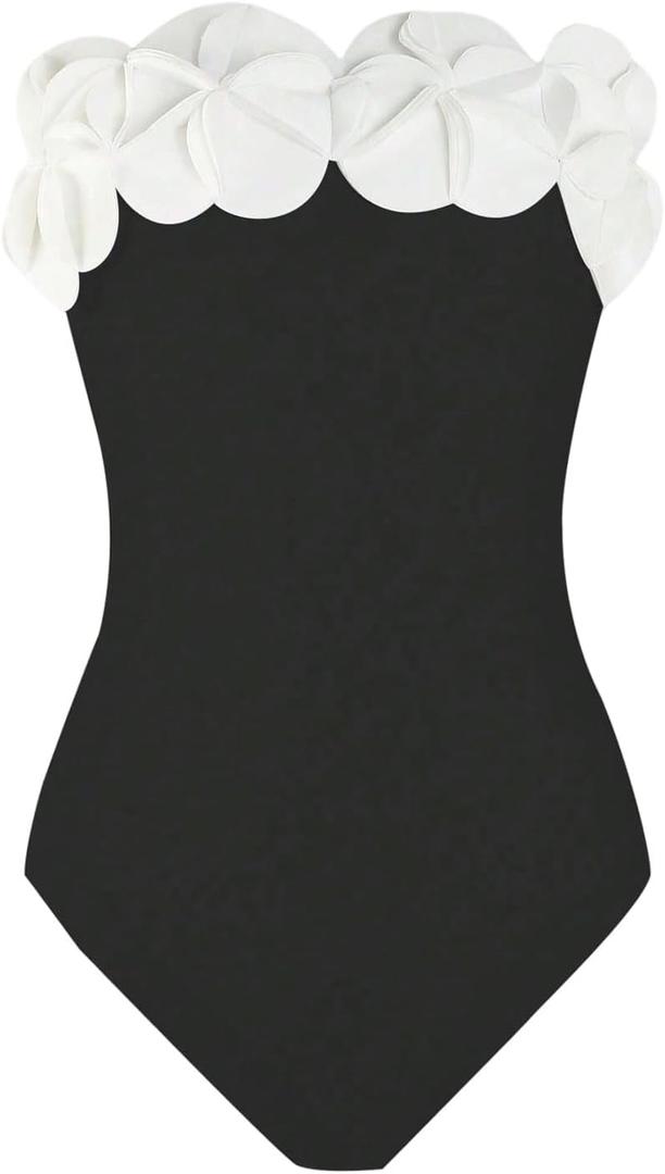 GORGLITTER Women's 3D Floral Strapless One Piece Swimsuit Sexy Tummy Control Bandeau Cheeky Bathing Suit Swimwear 2026 (Large, Black)