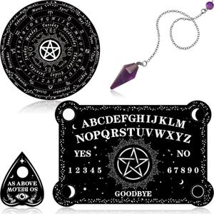 Threan Pendulum Dowsing Divination Board with Amethyst Set Wooden Spirit Talking Board Metaphysical Message Crystal Pendulum Necklace with Planchette for Wiccan Supply(Star Style)