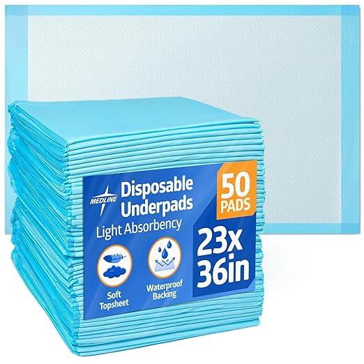 Medline Light Absorbency Underpad, 23" x 36", 50 Count, Disposable Bed, Furniture & Surface Protection, For Kids, Adults, Elderly, Puppy Pad, Changing Pad, Incontinence Pee Pad, Chucks