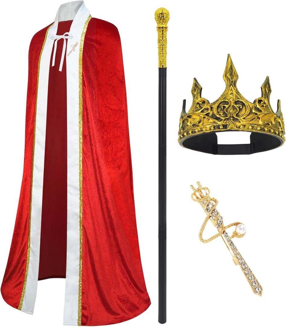 CosInStyle 3 Pieces Halloween King Prince or Queen Robe Red Cloak Cape Crown Wand Costume Set with King Crown Headband