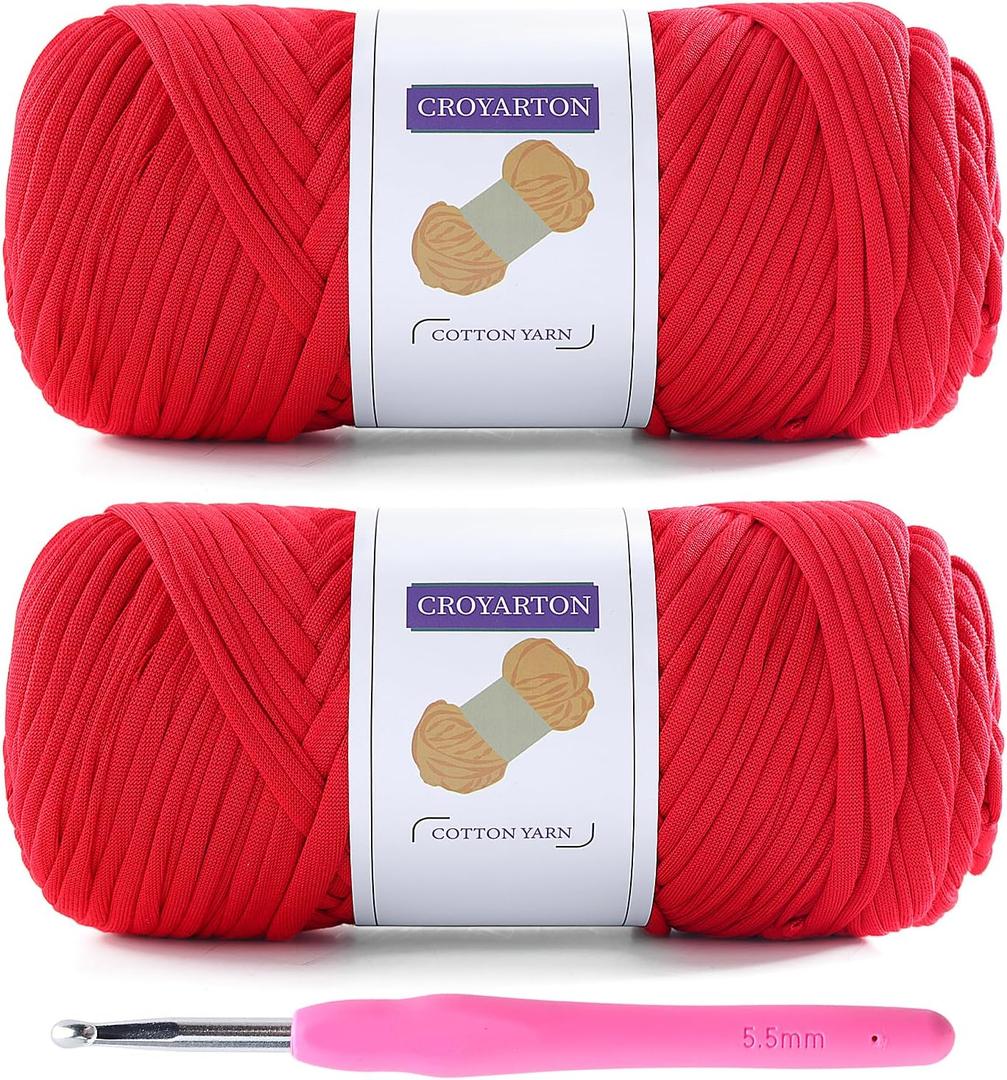 2 Pack T Shirt Yarn for Crocheting with 1 Crochet Hook, Elastic Tshirt Yarn for Crochet Bag/Baskets/Home Decor, Spaghetti Yarn Thick Knitting Yarn Total Length 130 Yds, Weight 14 Oz (Red)