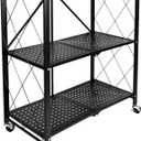 HealSmart 3-Tier Foldable Metal Rack, 27.95" D x 13.39" W x 33.85" H Storage Shelving Unit with Wheels Moving Organizer Shelves for Garage Kitchen, Black