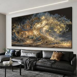 Modern Gold Landscape Canvas Treehouse Wall Art For Living Room 24x48 In