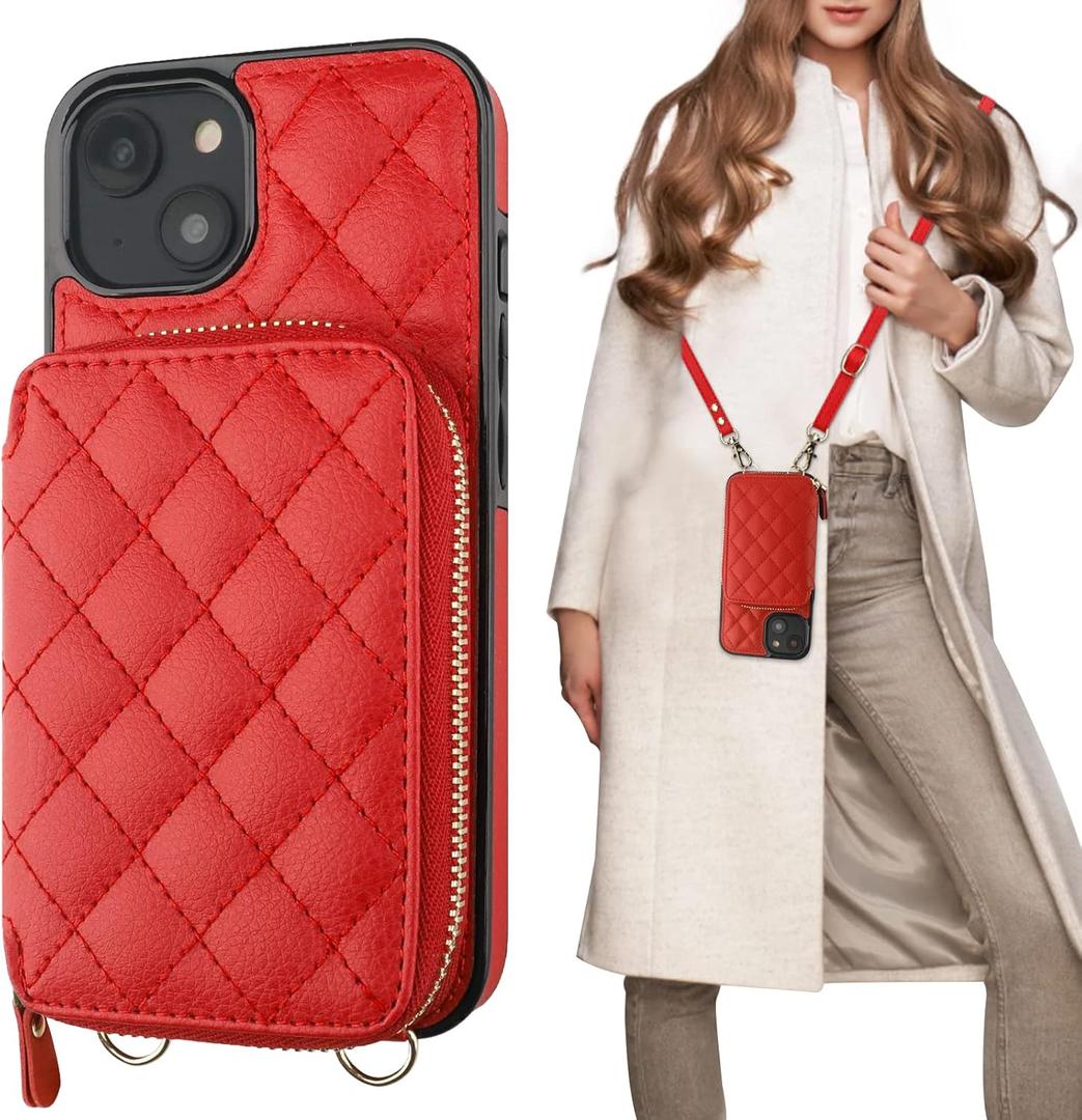 Bocasal Crossbody Wallet Case for iPhone 14, RFID Blocking PU Leather Zipper Handbag Purse Flip Cover, Kickstand Folio Case with Card Slots Holder Wrist Strap Lanyard 5G 6.1 Inch (Red)