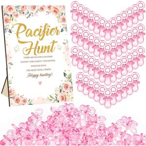 Thyle 51 Pcs Pacifier Hunt Baby Shower Games Include Hunt Sign and 50 Acrylic Pacifiers for Baby Shower Game Decoration Gift Sets Gender Reveal Party Decor(Flower)